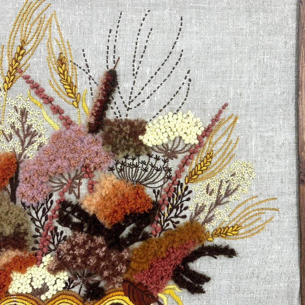 Vtg Latch Hook Rug Wall Hanging Handmade Fall‎ Basket Framed Art 26